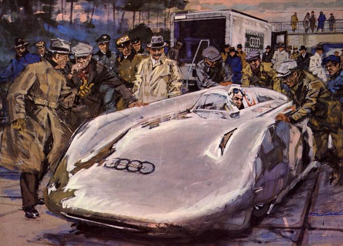 Bernd Rosemeyer in Auto Union speed record car by Walter Gotschke