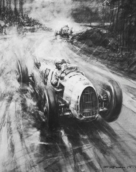 Rosemeyer and Nuvolari at N�rburgring 1936 by Gordon Crosby